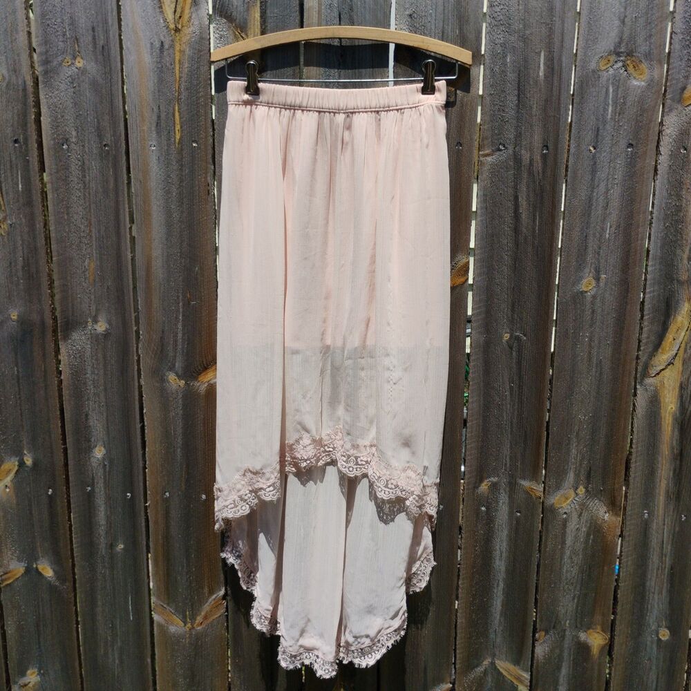 Hollister Coquette Pink Hi-Low Chiffon Lace Trim Maxi Skirt Medium M Cottagecore
